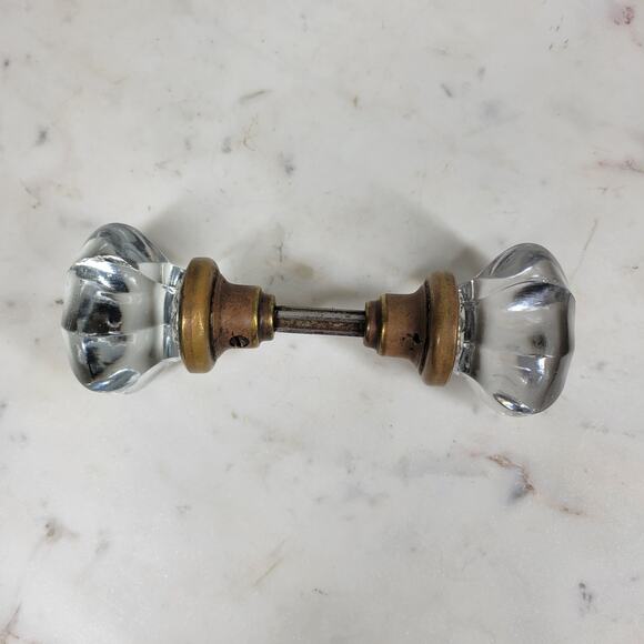 Antique Victorian 8 Point Crystal Door Knob Clear Glass 3 Inch Brass Rod Handle - Picture 11 of 13